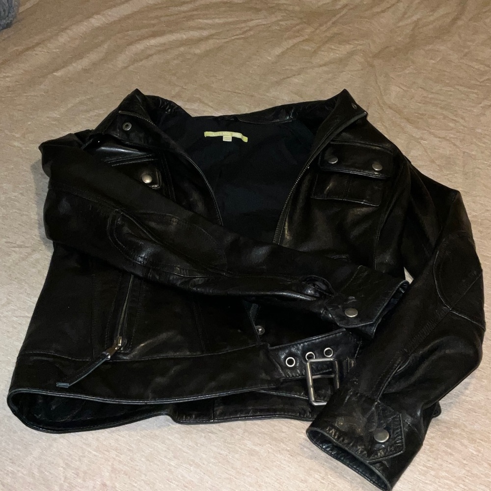 Womens Black Lamb Skin Fitted Moto Leather Zip-Front Jacket size XS - Picture 4 of 6
